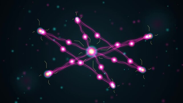 Abstract neural network connection animation, glowing pink data nodes and digital synapse flow, futuristic cyber technology background