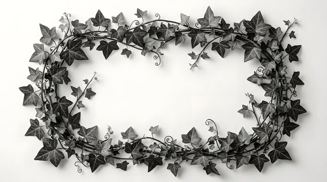 Black and white ivy leaf circular frame on white.