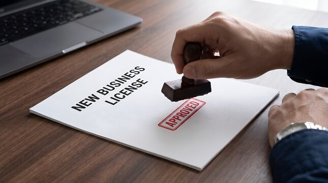 Professional hand holding wooden ink stamp to mark official document with red approved label for new business license legal permit