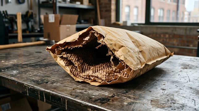 Crumpled brown paper envelope with honeycomb padding lying on a rustic workbench for shipping.