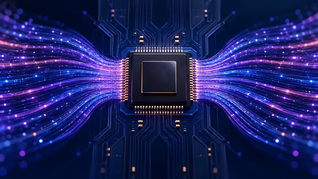 Central processing unit with symmetrical glowing digital data streams representing quantum computing and artificial intelligence