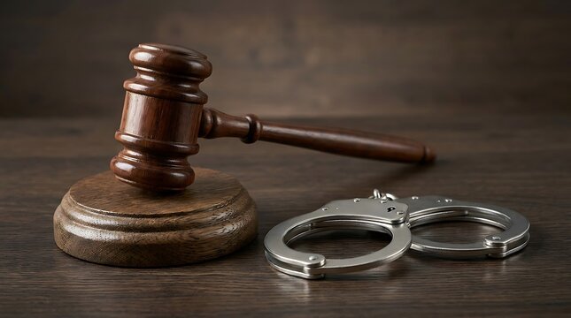 Wooden gavel and handcuffs on a dark table representing the judicial system and law enforcement for justice, crime prevention, and legal authority