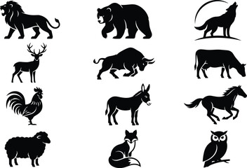 Obraz premium Wild and Farm Animal Silhouette Icon Set Featuring Lion, Bear, Wolf, Deer, Boar, Cow, Rooster, Donkey, Horse, Sheep, Fox and Owl