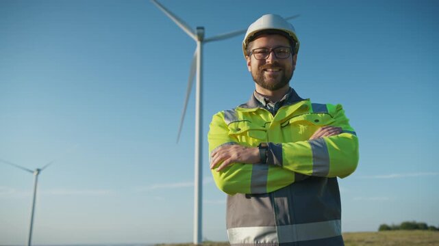 Confident Caucasian male engineer with beard and glasses wearing helmet and reflective jacket. Standing outdoors near turbine. Crossing arms and smiling while supervising wind energy development site.