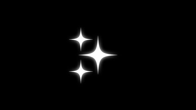 Sparkling star twinkle glitter animation with white cartoon doodle stars, glowing blinking light effects, retro vector shine movement, festive overlay and dreamy night sky black background 4k