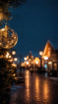 Winter holiday street scene with glass ornament and warm lights