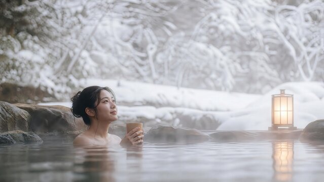 Winter onsen outdoor hot spring with woman in steam for wellness