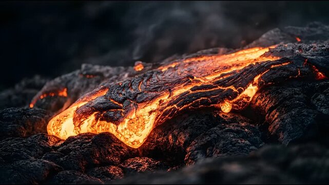 Molten lava flowing over cooled volcanic rock texture, glowing orange magma on dark basalt