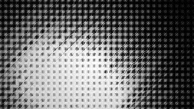 Monochromatic halftone dot pattern with diagonal light effect, ideal for retro motion graphics, abstract backgrounds and pop art projects.