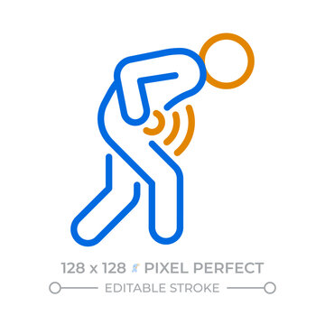 Severe stomach ache pixel perfect duotone line icon. Managing sudden abdominal cramps. Coping with gastrointestinal pain. Chronic food intolerance. Bicolor linear graphic. Two-color outline pictogram