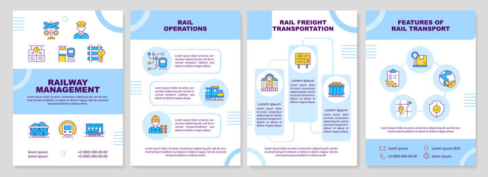 Railway management blue brochure design template. Infrastructure control. Train operations digital system. Safe rail transport. Multi-page vector layout. A4 flyer with colored line icons
