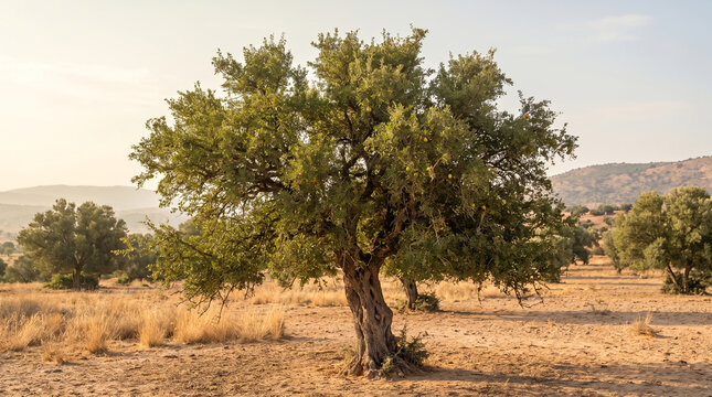 Argan tree bearing fruit in a dry agricultural landscape, representing argan cultivation, plant-based oil resources and natural environmental resilience.