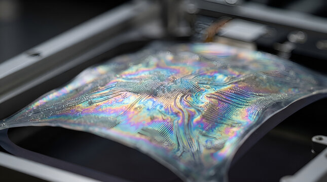 Holographic flexible display prototype with iridescent rainbow light refraction on curved surface