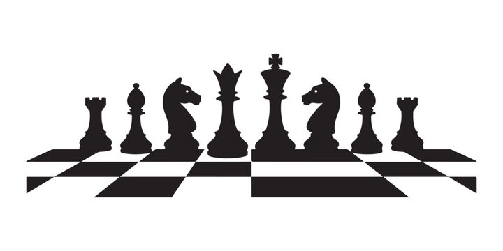 Black silhouette chess pieces on board for strategic game championship banner design.