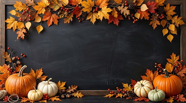 Autumnal still life with chalkboard pumpkins and vibrant fall foliage border