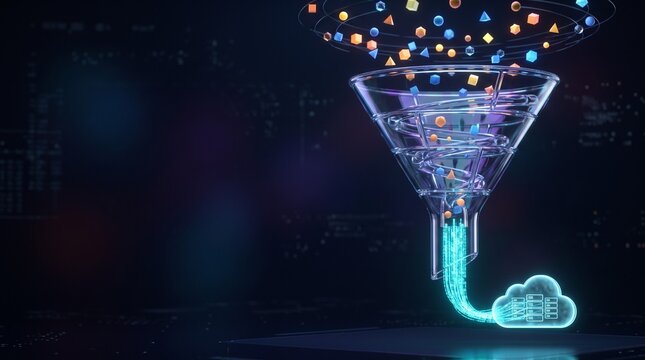 Glass Data Funnel Filtering Geometric Shapes into Cloud Storage Binary Stream 3D Render