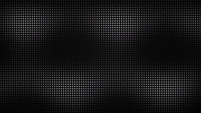 Monochrome halftone dot grid animation with flickering white circles on black, suitable for motion graphics, tech backdrops and digital headers.