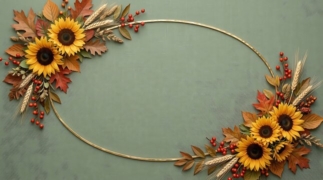 Rustic sunflower wreath with dried flowers and foliage against a muted green background