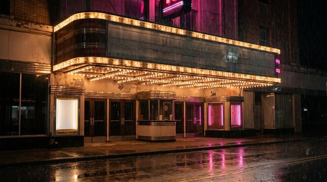 Empty poster case and blank marquee at cinema in the rain