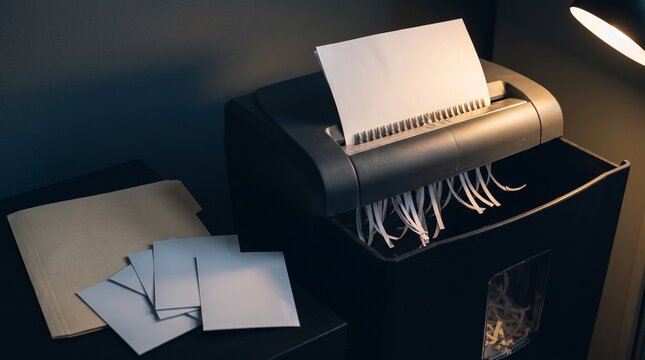 Paper shredder and blank documents on desk in dim office