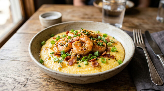 Savory southern shrimp and grits with bacon and green onions served in a ceramic bowl on a rustic wooden table.