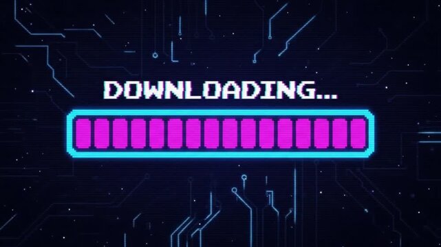 Downloading Progress Bar: A digital progress bar glows with vibrant neon pink and blue, indicating a download is in progress against a backdrop of intricate circuit board patterns.