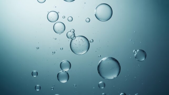 Abstract transparent water bubbles floating in blue liquid, clean aquatic background for science art
