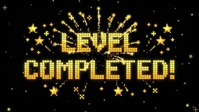 Level Completed: Golden text displays LEVEL COMPLETED! amidst a backdrop of sparkling fireworks and falling stars, celebrating a triumphant achievement.