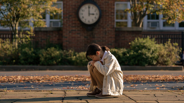 A single child crouches in an empty autumn schoolyard closely inspecting the cracked rubber surface, an old clock mounted on the brick wall ticking above, the unposed wonder on