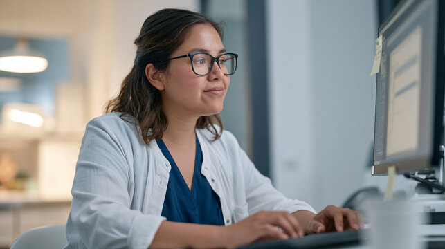 An ophthalmologist in a quiet rural clinic reviews a sticky note apology reminder taped to a monitor screen after a scheduling error disrupted a patient's mesh network