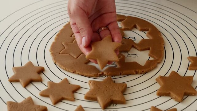 Close-up of woman removing star shaped gingerbread cookie from rolled dough for Christmas baking.