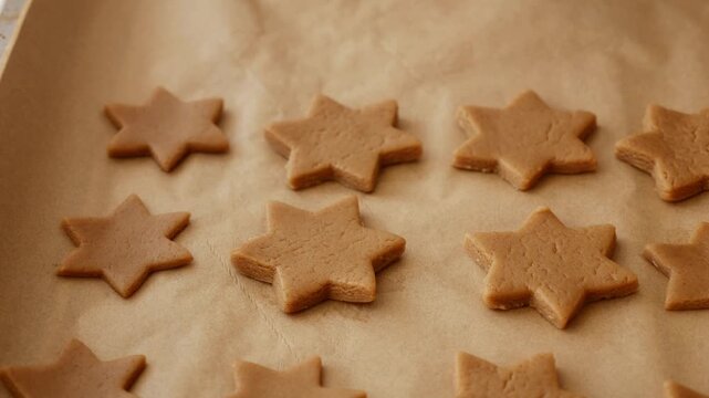 Close-up of woman picking up gingerbread star cookie from parchment paper before baking.