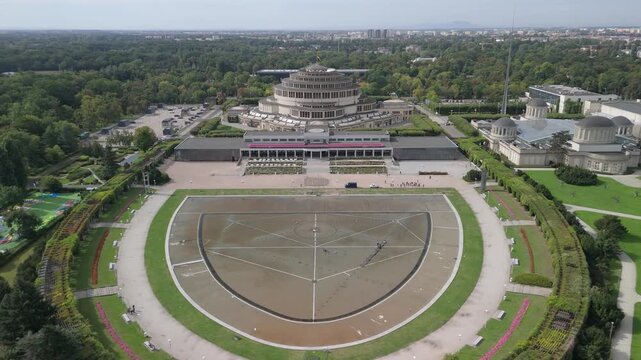 Wroclaw, Poland. Aerial view of Centennial Hall (Hala Stulecia) built in 1913 and Multimedia Fountain