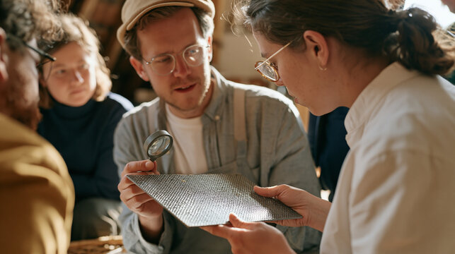 Basketry artisan presenting a woven composite panel sample to a small quantum materials startup group in a quiet countryside barn, close up of hands holding the lattice structure