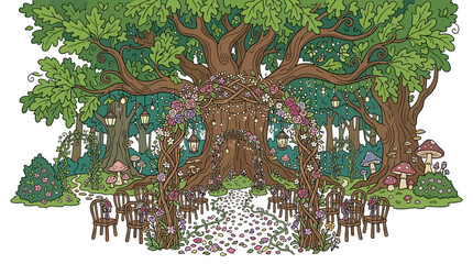 Fototapeta premium Enchanted Forest Wedding Ceremony Archway Under Ancient Oak Tree, Whimsical Nature Scene with Flowers, Lanterns, and Seating