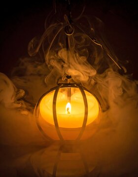 Glowing Candle in a Lantern with Smoke Swirls