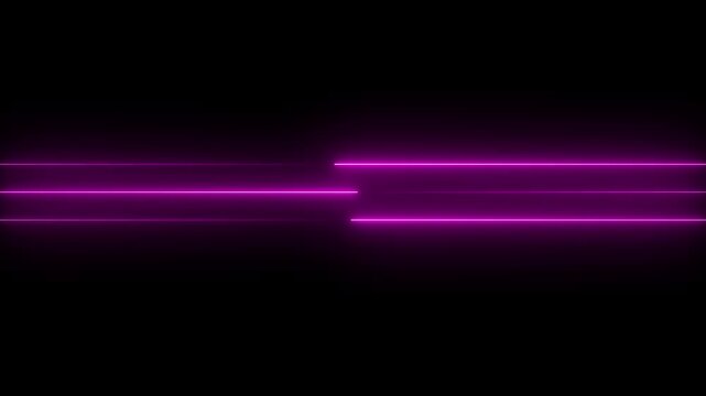 Abstract purple neon light streaks moving horizontally on a black background
