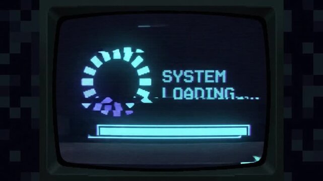 Retro System Loading Screen: A vintage computer monitor displays a SYSTEM LOADING... message with a circular progress indicator.