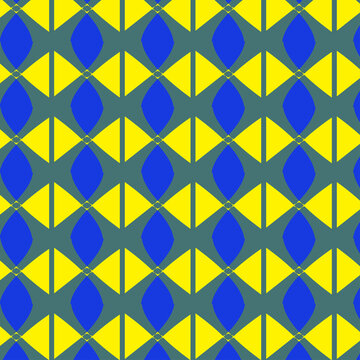 Geometric seamless pattern with repeating yellow triangles and blue oval shapes on a dark background