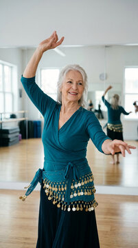 Smiling Senior Woman with Grey Hair Practicing Belly Dancing in a Bright Dance Studio with Mirrors Wearing a Coin Belt and Teal Blue Top