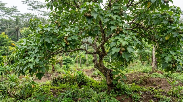 Candlenut tree with mature fruits growing in a tropical agroforestry setting, illustrating plant-based oil production, agriculture and natural resources.