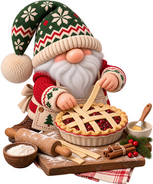 Christmas gnome berry pie baking holiday pastry kitchen lattice crust rolling pin flour gnome knit hat and apron making festive lattice berry pie wooden board with rolling pin, flour bowl
