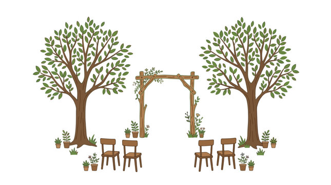 Outdoor Wedding Ceremony Setup with Wooden Arch, Trees, Chairs, and Potted Plants