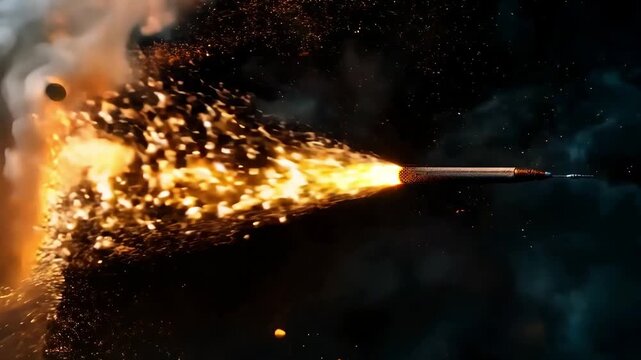 Golden sparks spraying from a glowing metal rod in the dark, fiery welding energy, industrial impact moment, dramatic night effect.