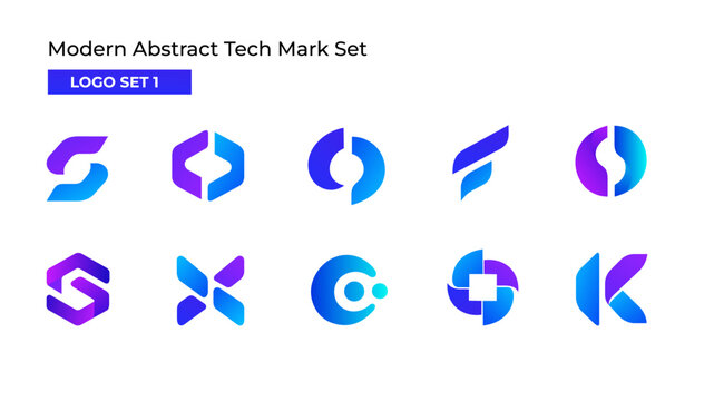 Set of 10 modern abstract tech logo marks with geometric shapes and blue-purple gradients, ideal for software, startups, digital brands, and technology.