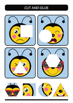 Cut and Glue Educational Activity Worksheet with Cute Bee Characters for Kids