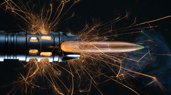 Green tipped bullet flying from the muzzle of an assault rifle