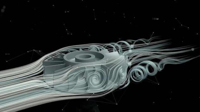 3D rendering of a turbine wheel with airflow simulation. The turbine has intricate internal structures, and the surrounding lines visualize the fluid dynamics.