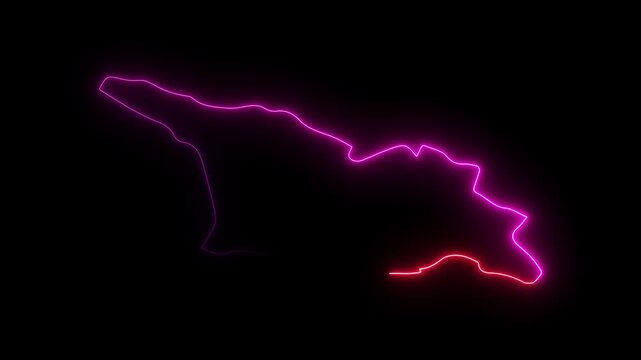 Glowing neon outline map of Georgia country isolated on black background with light animation effect