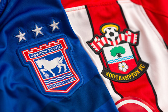Kyiv, Ukraine. September 11, 2026. Ipswich Town and Southampton FC football club crests displayed on colorful team jerseys